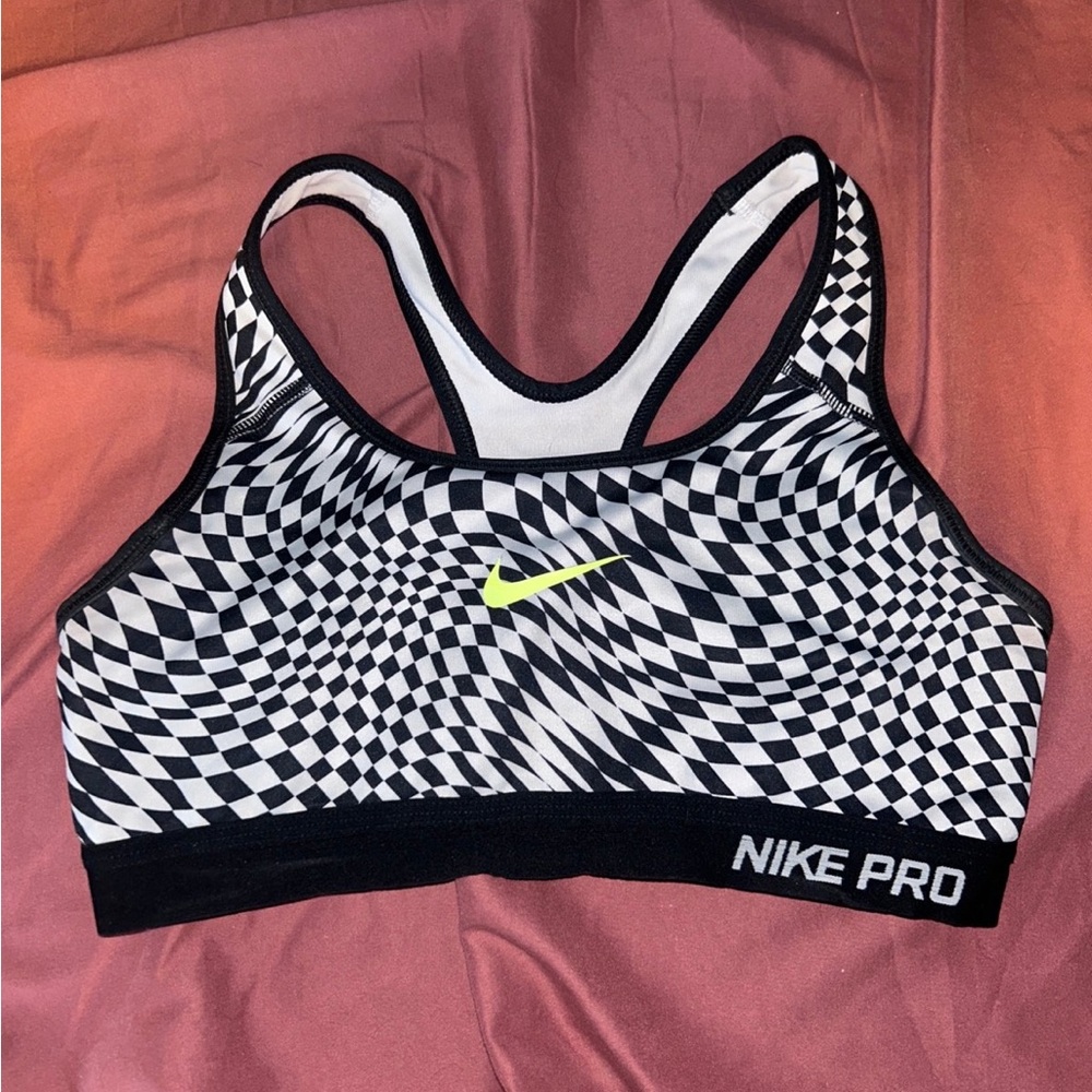 Nike Pro Women's Checkered Sports Bra - Black, White, and Neon Yellow